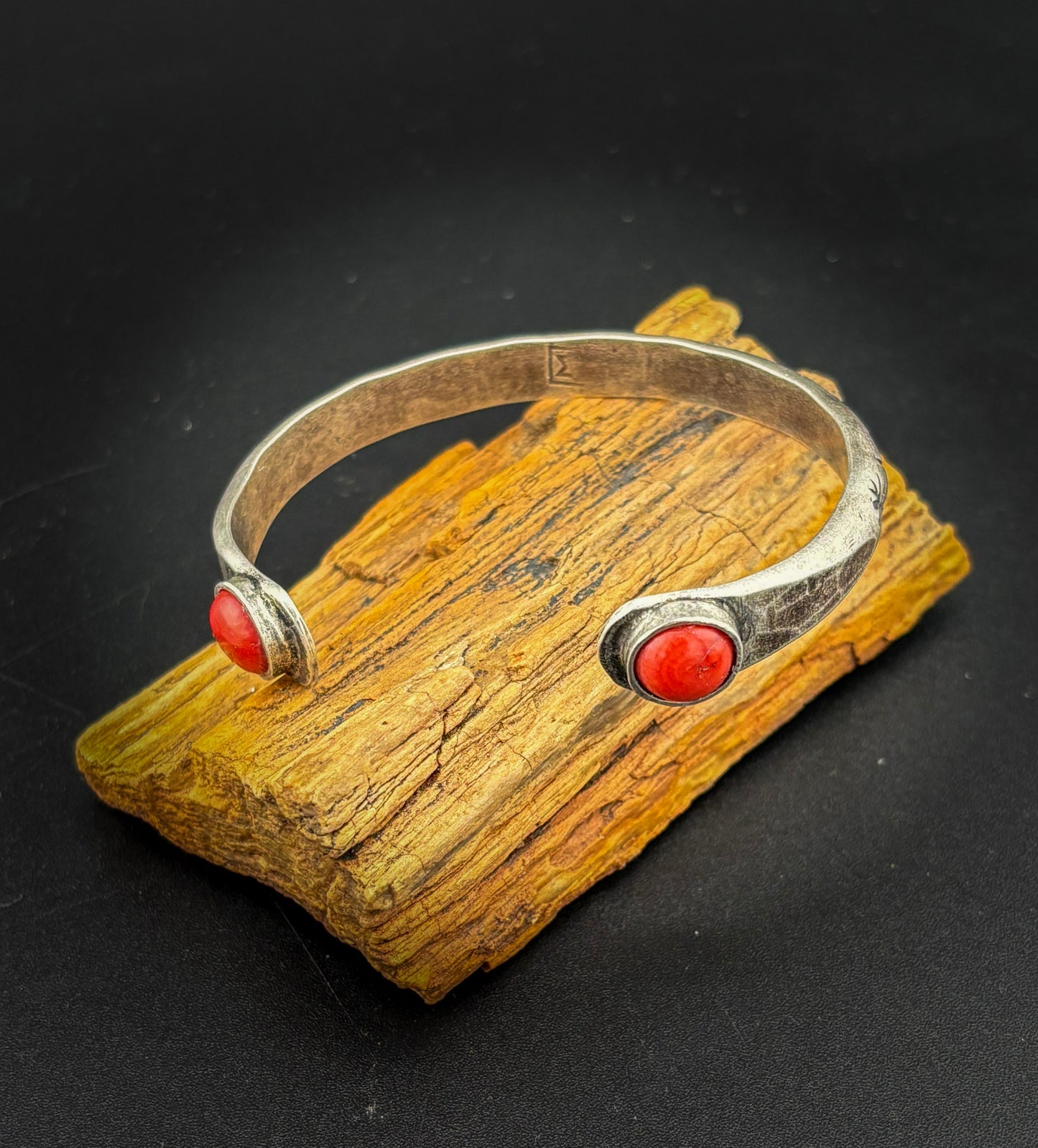 Stamped Cuff with Coral Cabochons - Size: extra small