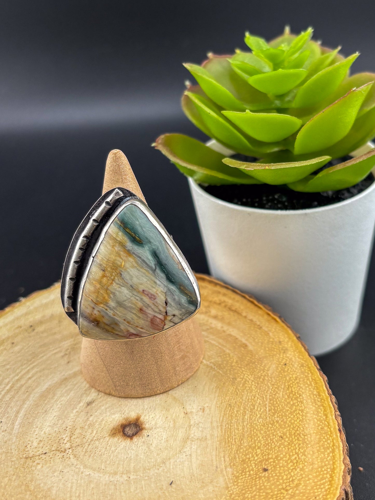 Nature's Edge: Silver Ring with Triangular Gary Green Jasper - Size 11