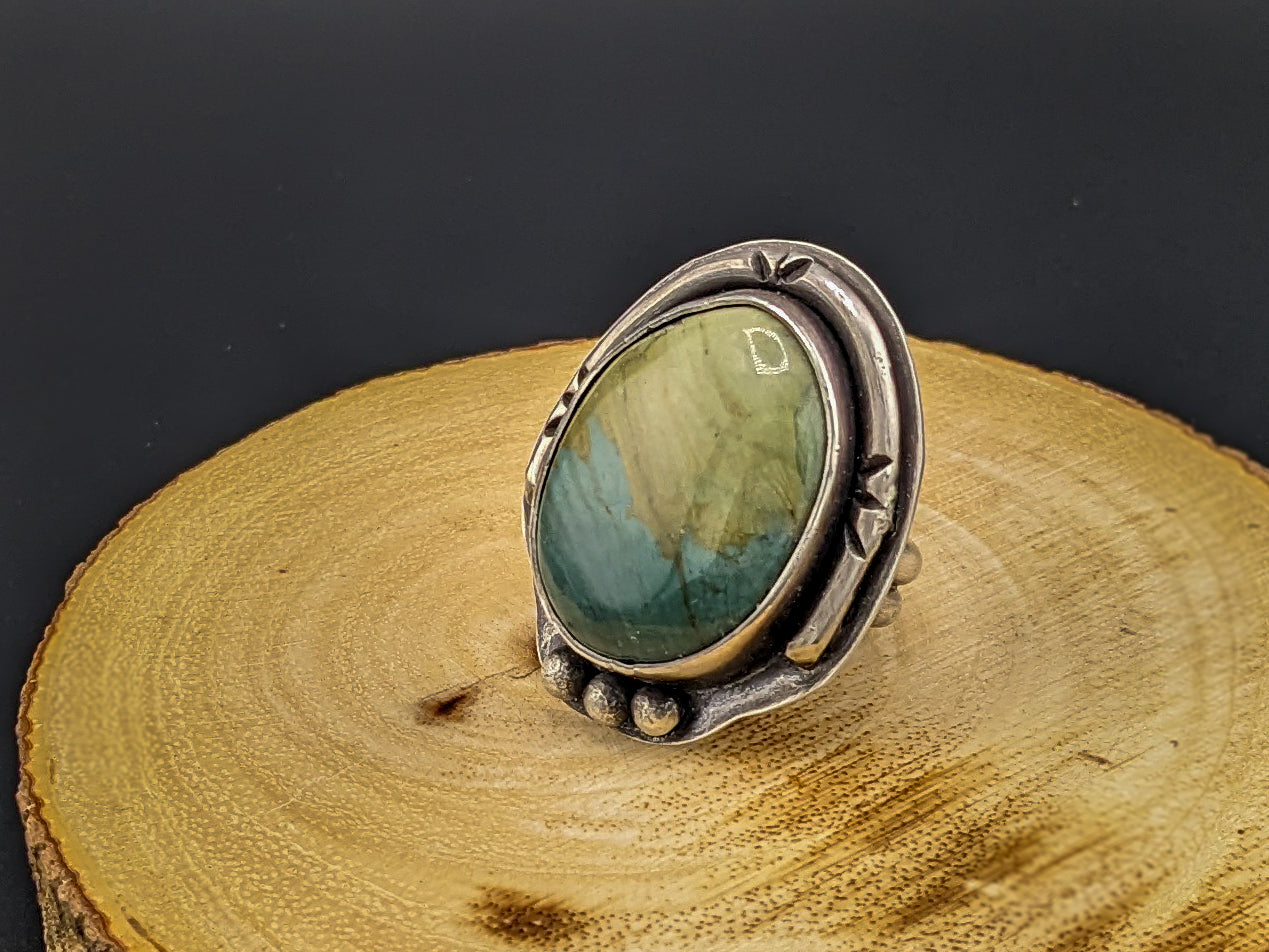 Distant Mountains: Gary Green Japser Ring, Size 7.5