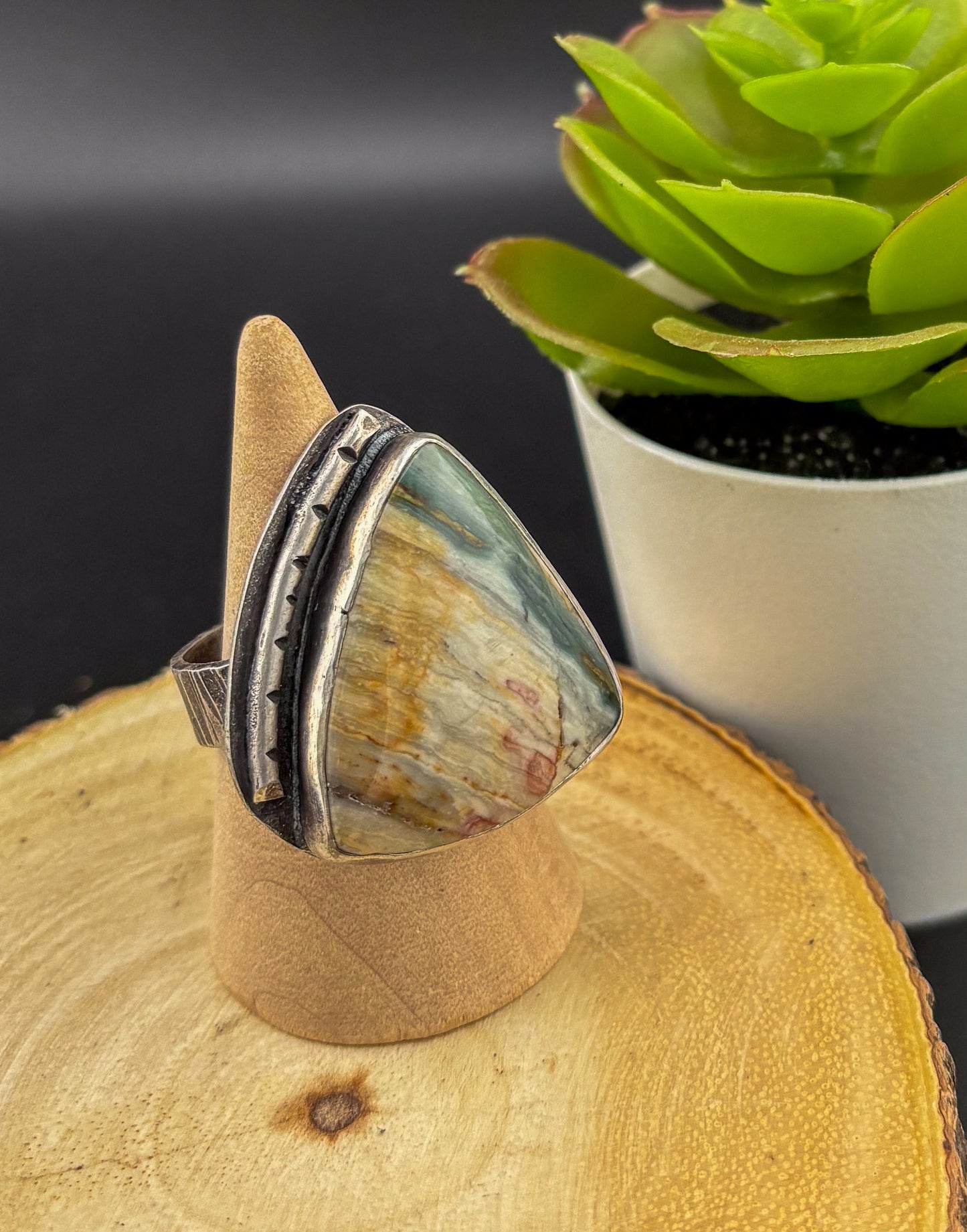 Nature's Edge: Silver Ring with Triangular Gary Green Jasper - Size 11