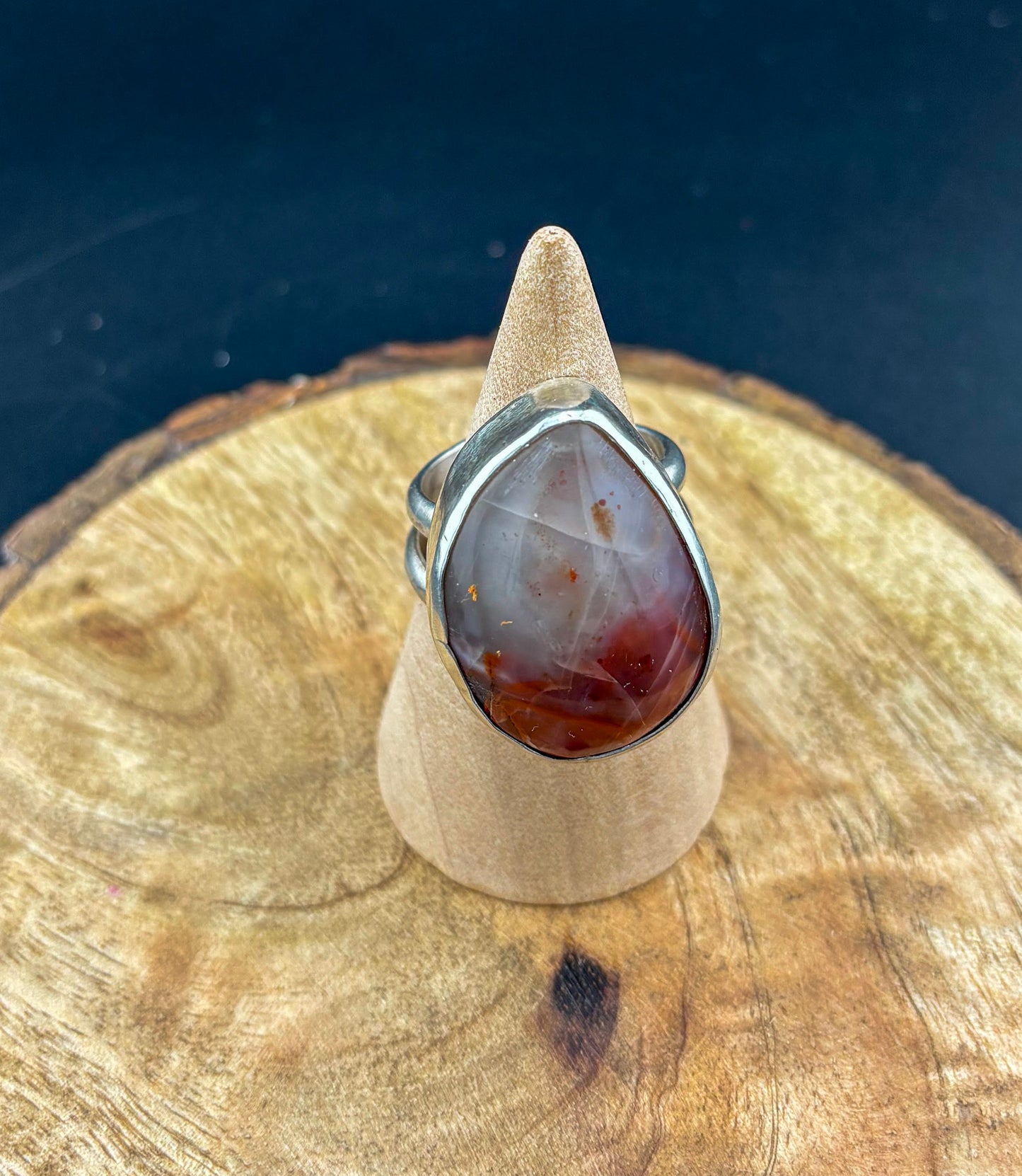 Sterling Silver Red and White Agate Ring - Size 9