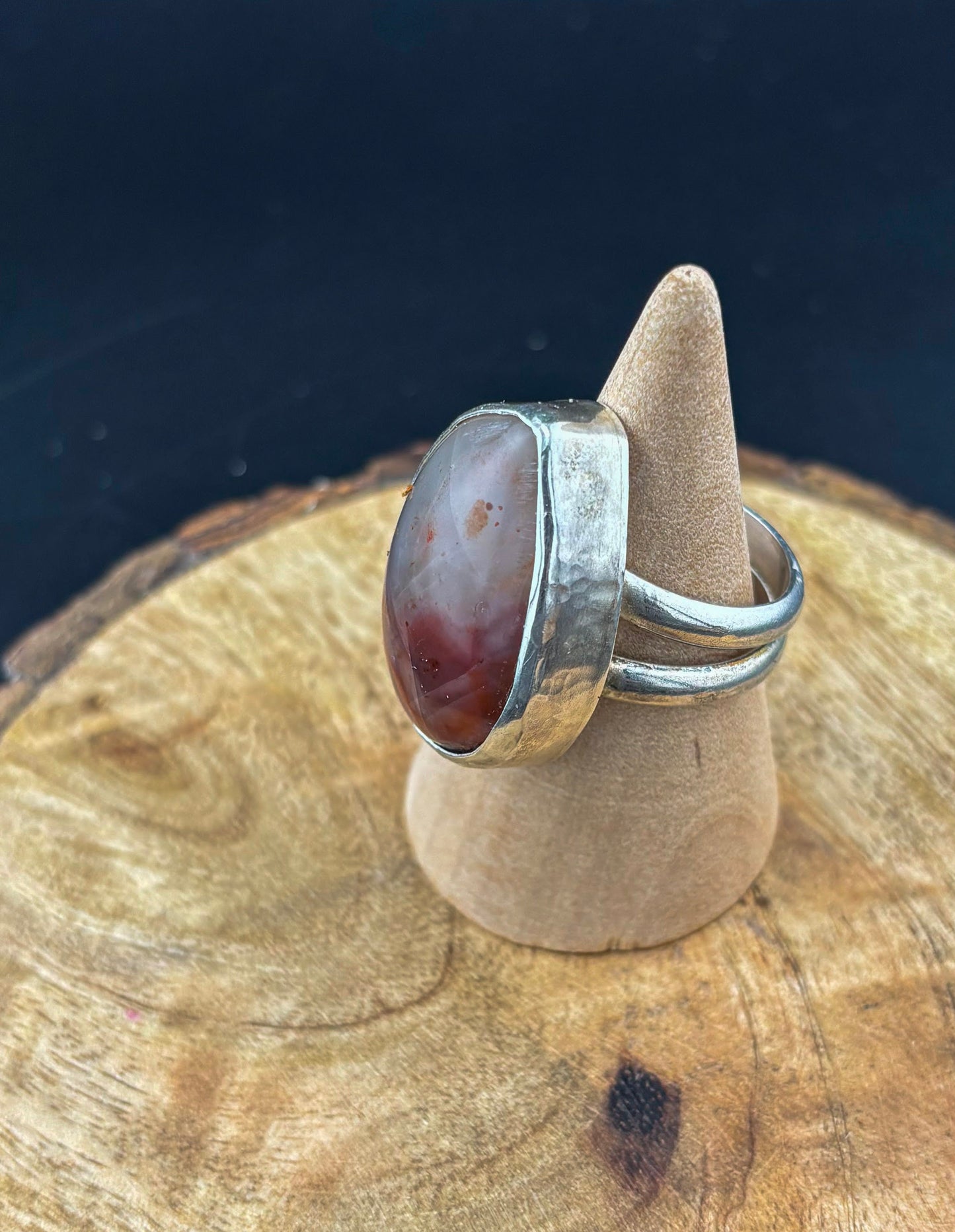 Sterling Silver Red and White Agate Ring - Size 9