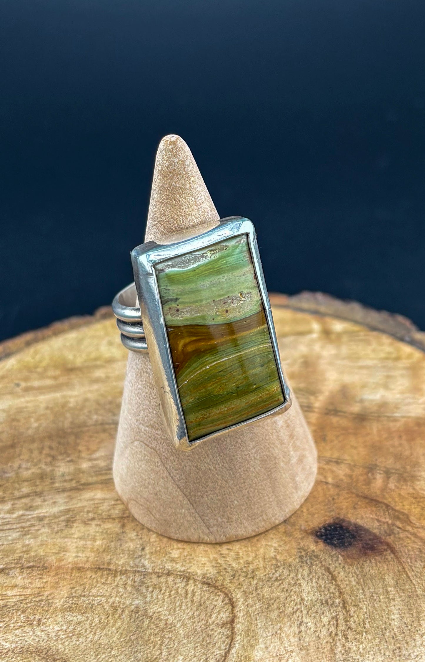 Rectangular Gary Green Jasper Ring - Size 8.5