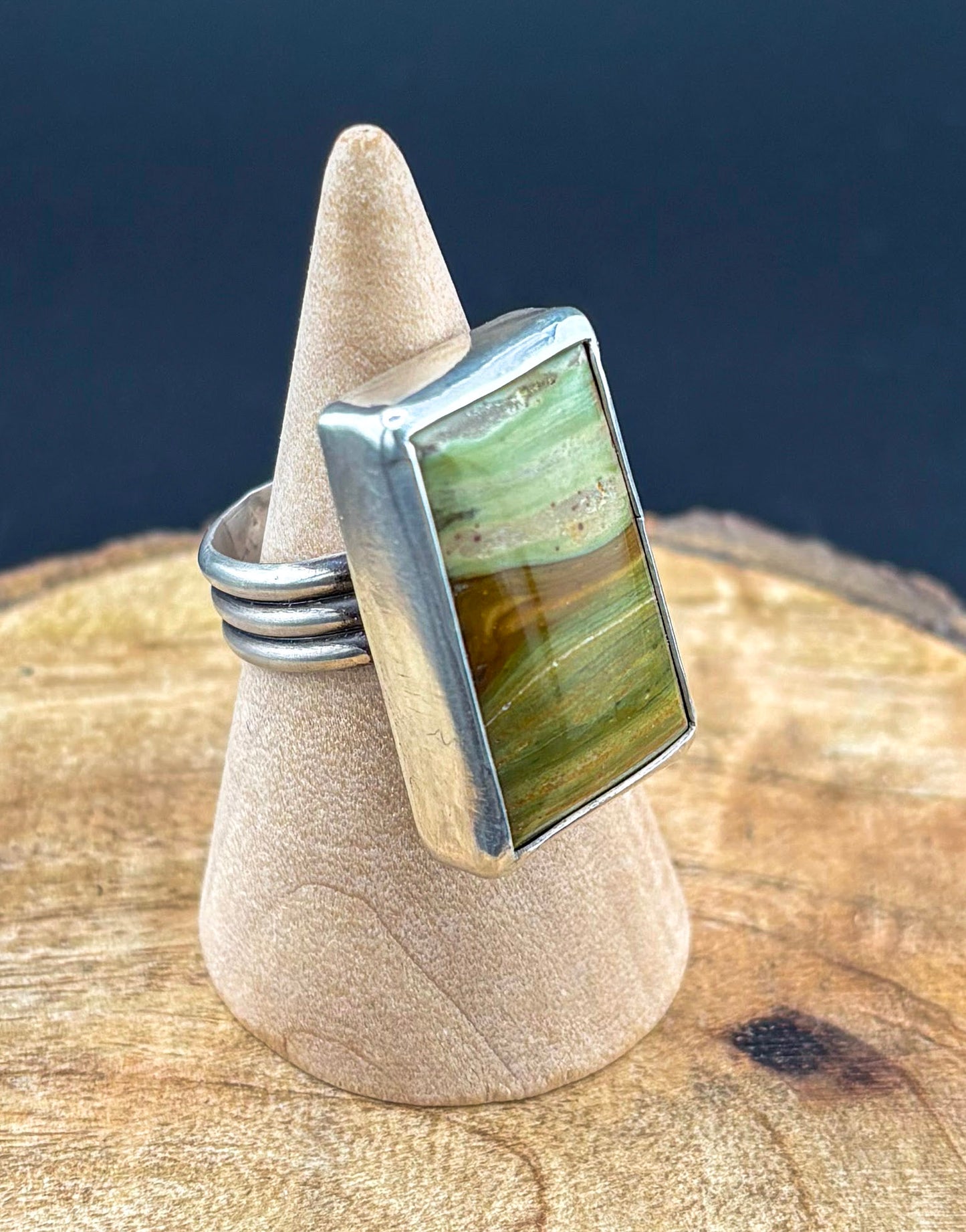 Rectangular Gary Green Jasper Ring - Size 8.5