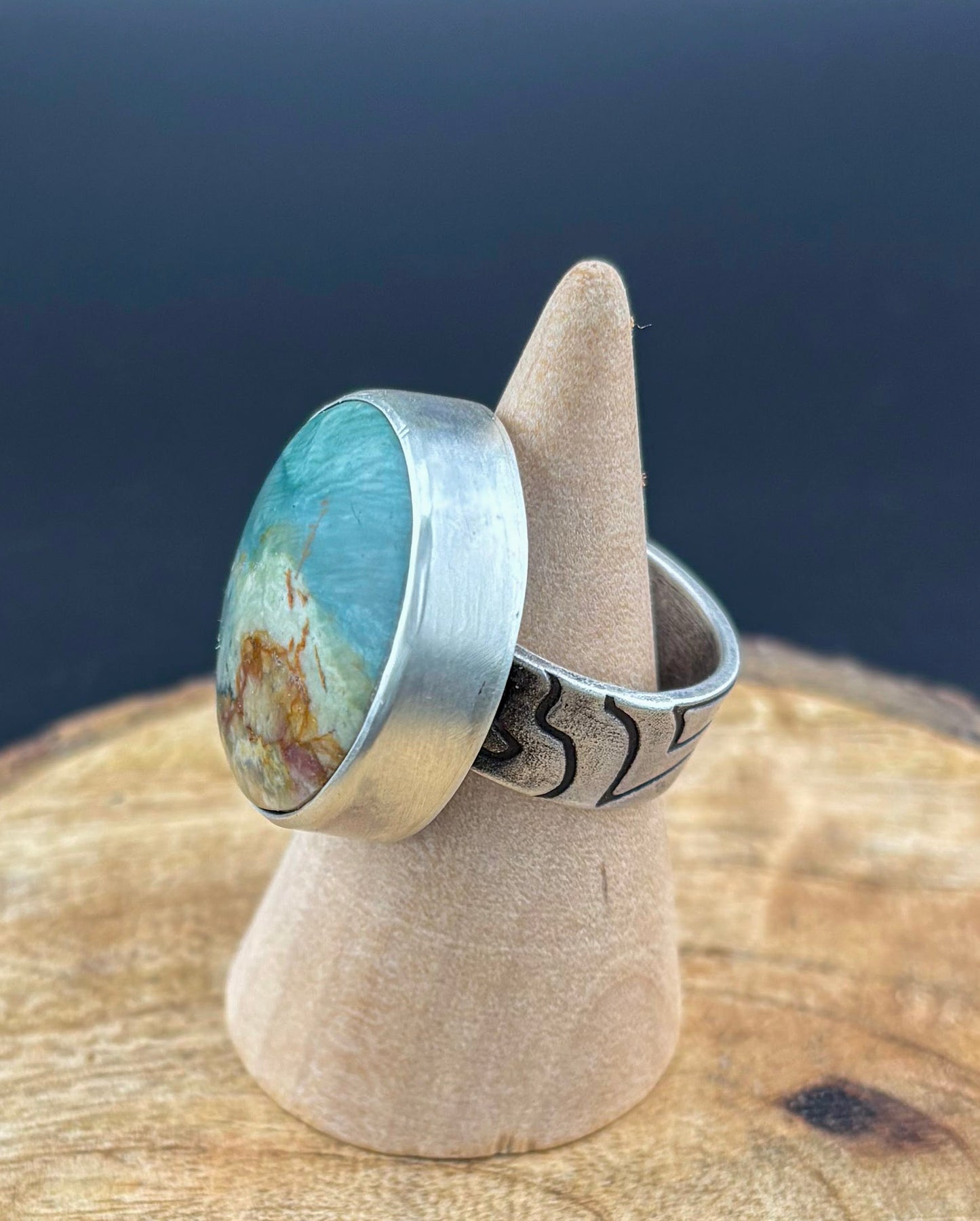 Oval Sterling Silver Ring with Gary Green Jasper and Textured Band – Size 8.5