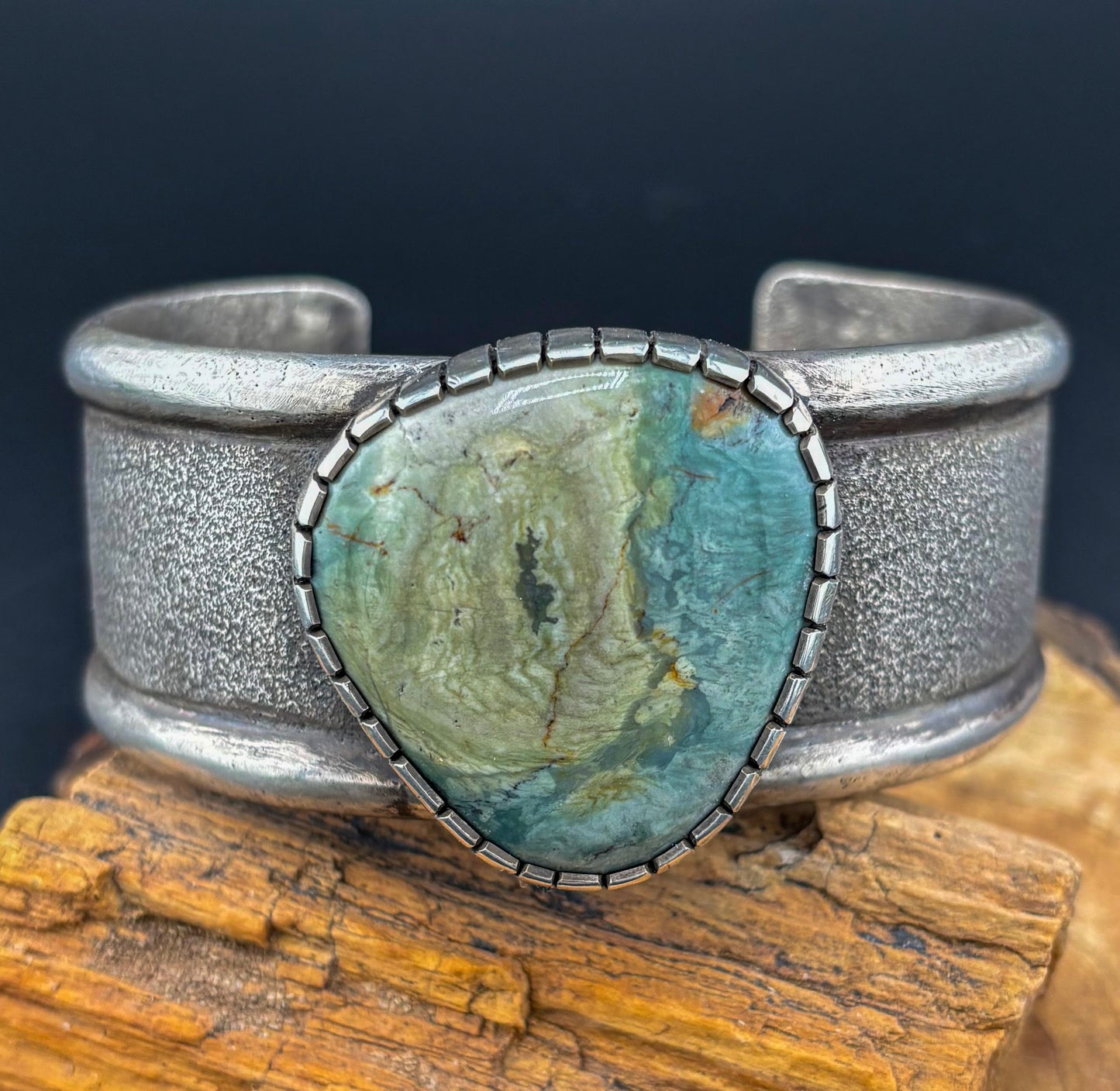 Bold Elegance: Heavy Tufa Cast Cuff with Statement Gary Green Cabochon