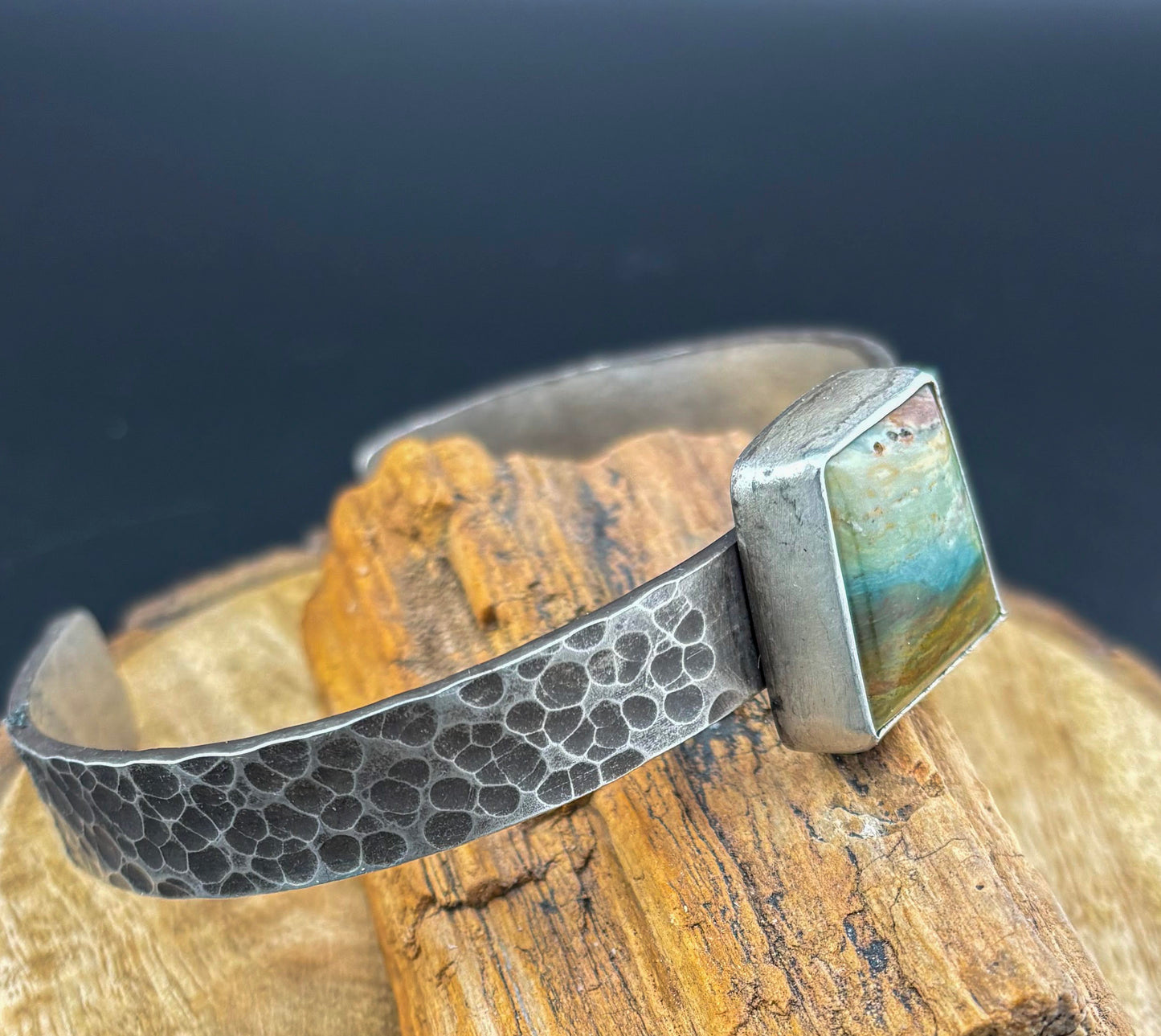 Bold Beauty: Hammered Sterling Silver Cuff with Gary Green Jasper - Size Large