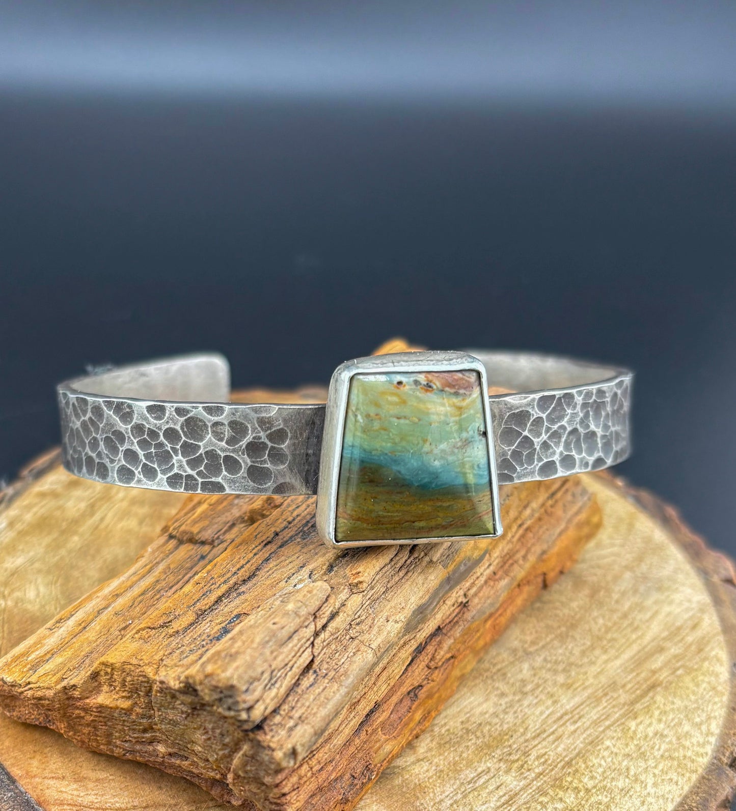 Bold Beauty: Hammered Sterling Silver Cuff with Gary Green Jasper - Size Large