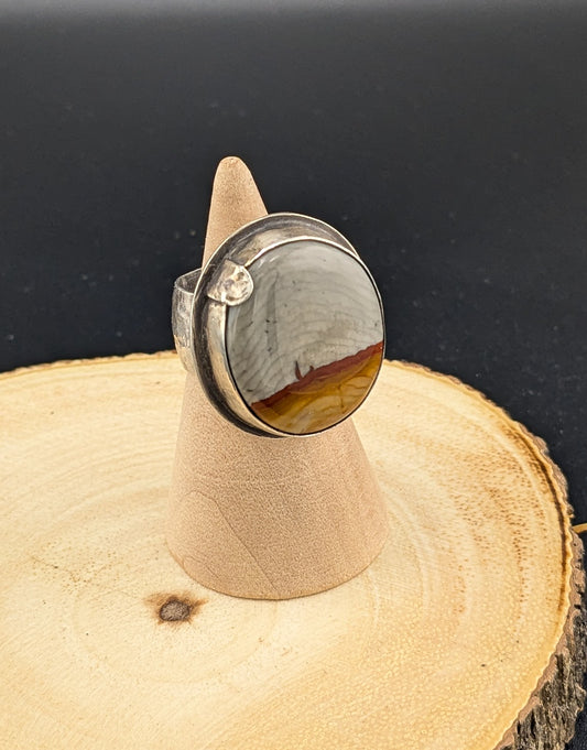 Picture Jasper Silver Ring with Hammered Band - Size 7