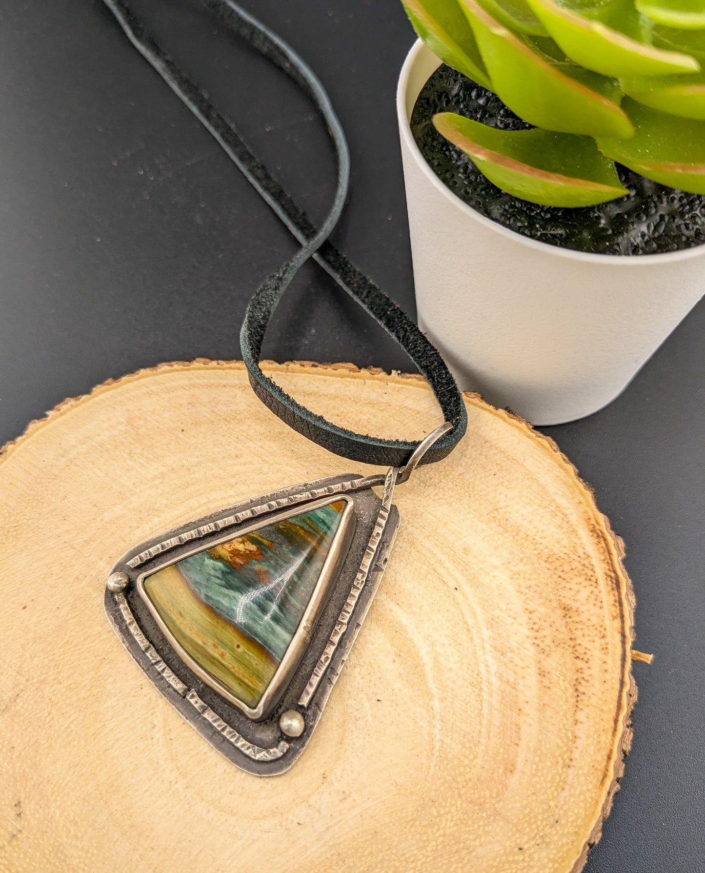 Triangular Gary Green Jasper Pendant