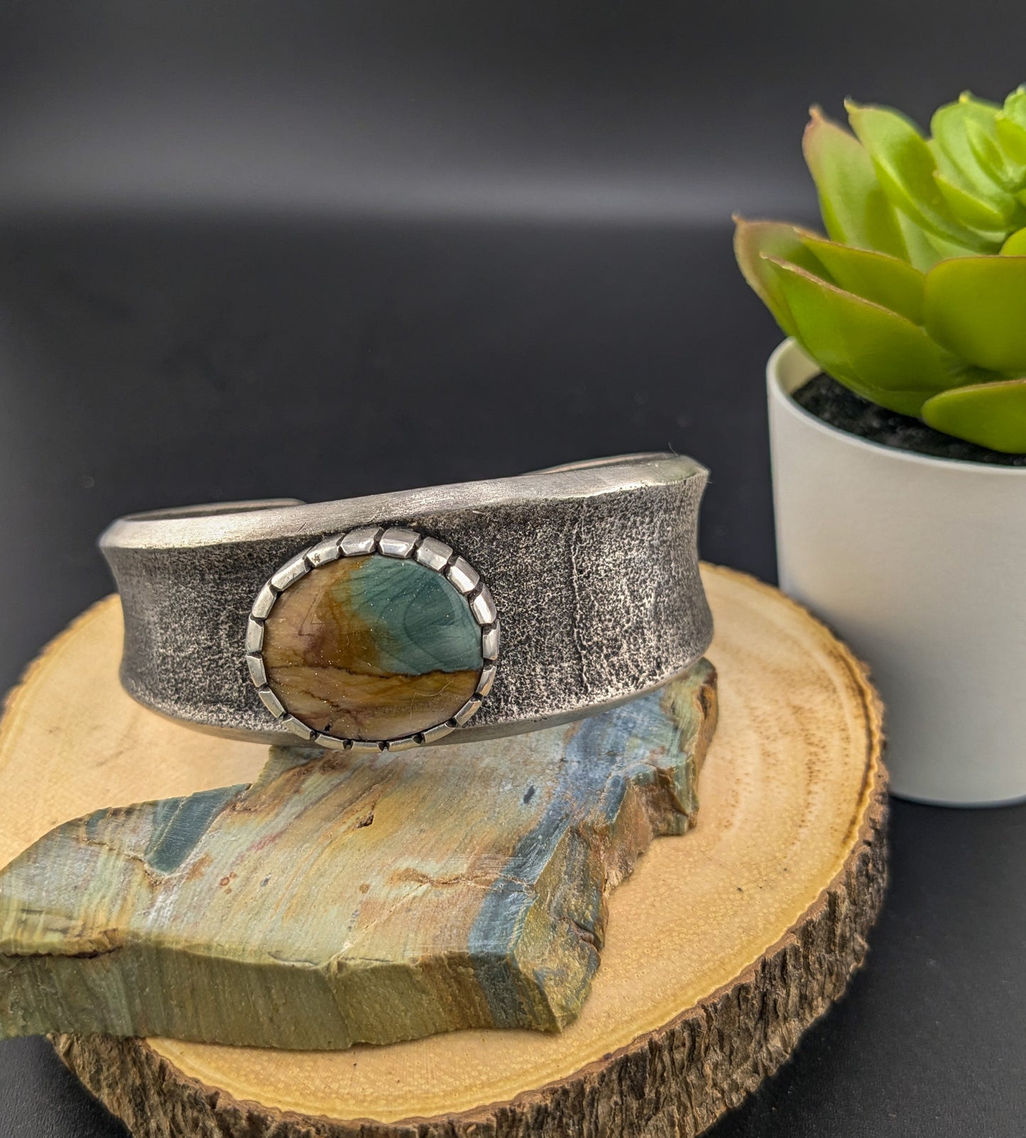 Tufa Cast Cuff with Gary Green Jasper Cabochon