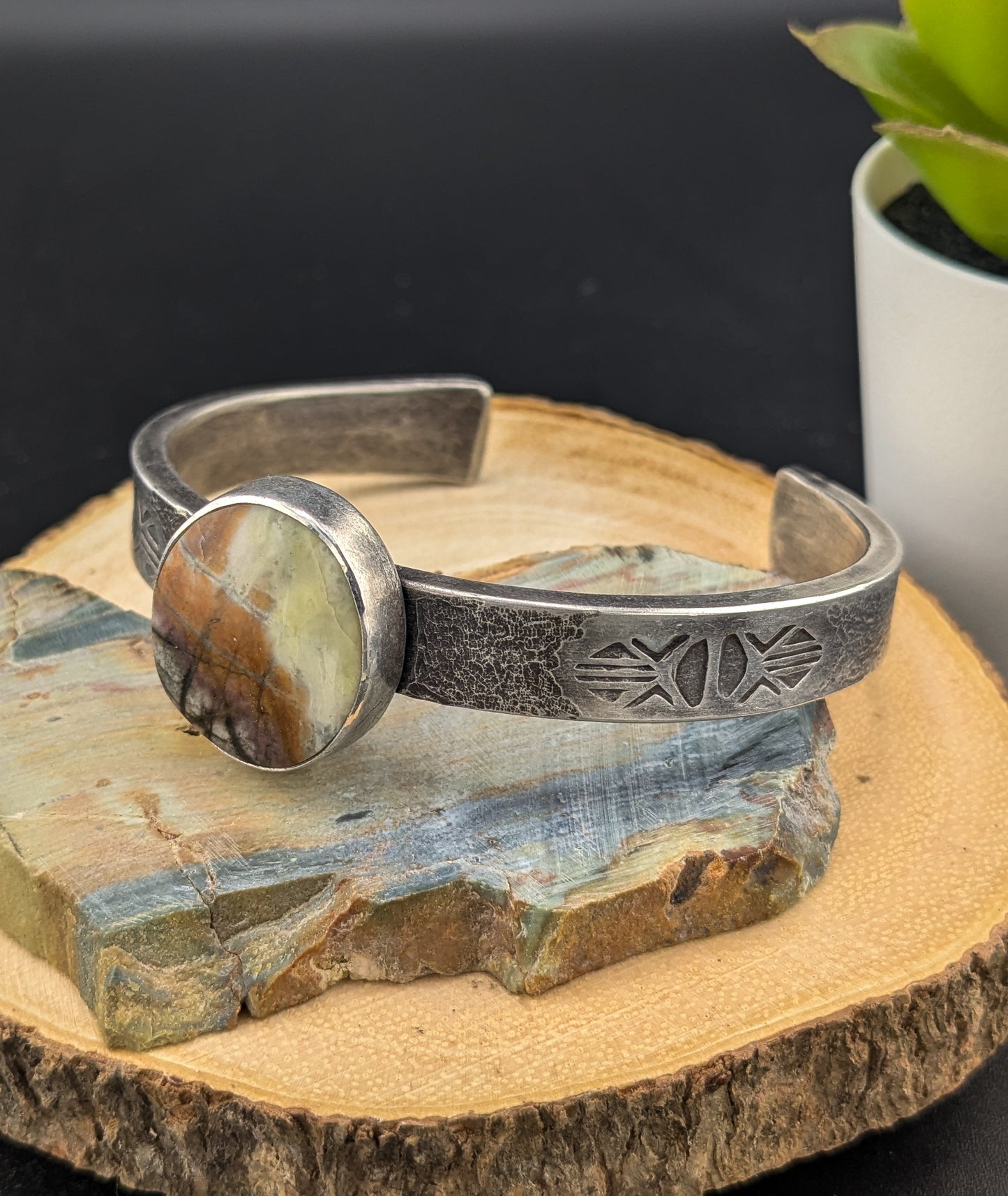 Stamped Silver Cuff with Crayola Jasper