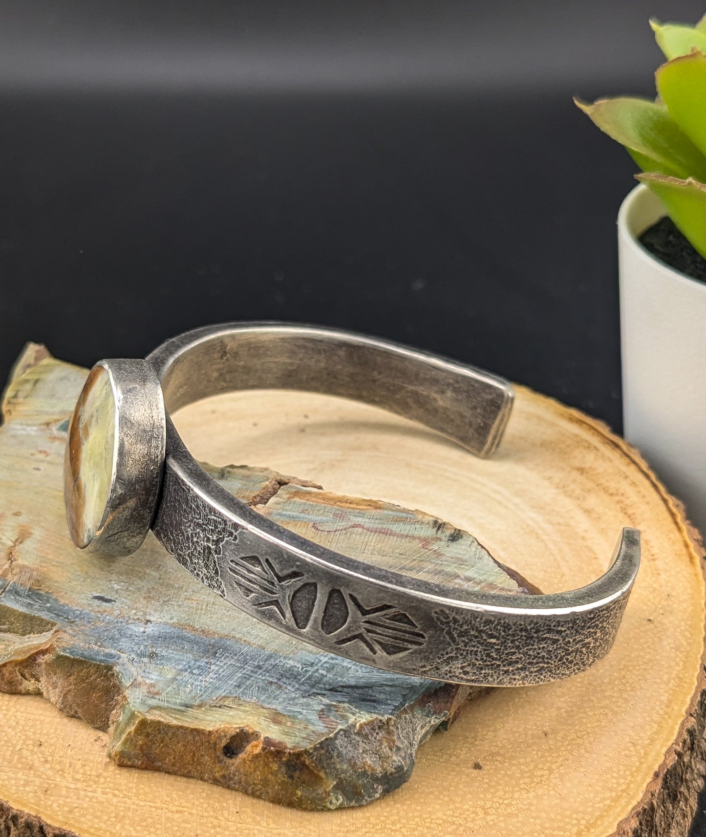 Stamped Silver Cuff with Crayola Jasper